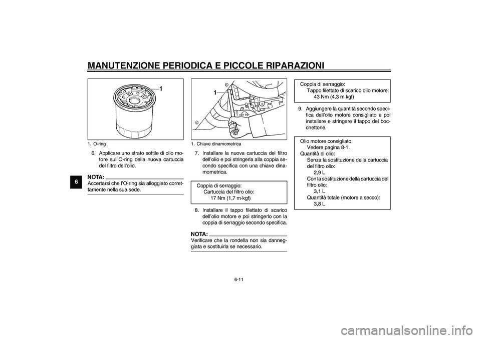 YAMAHA YZF-R1 2003  Manuale duso (in Italian) MANUTENZIONE PERIODICA E PICCOLE RIPARAZIONI
6-11
6
6. Applicare uno strato sottile di olio mo-
tore sull’O-ring della nuova cartuccia
del filtro dell’olio.NOTA:_ Accertarsi che l’O-ring sia all