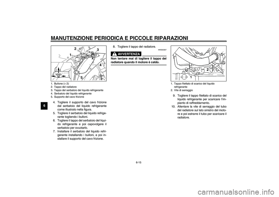 YAMAHA YZF-R1 2003  Manuale duso (in Italian) MANUTENZIONE PERIODICA E PICCOLE RIPARAZIONI
6-15
6
4. Togliere il supporto del cavo frizione
dal serbatoio del liquido refrigerante
come illustrato nella figura.
5. Togliere il serbatoio del liquido 