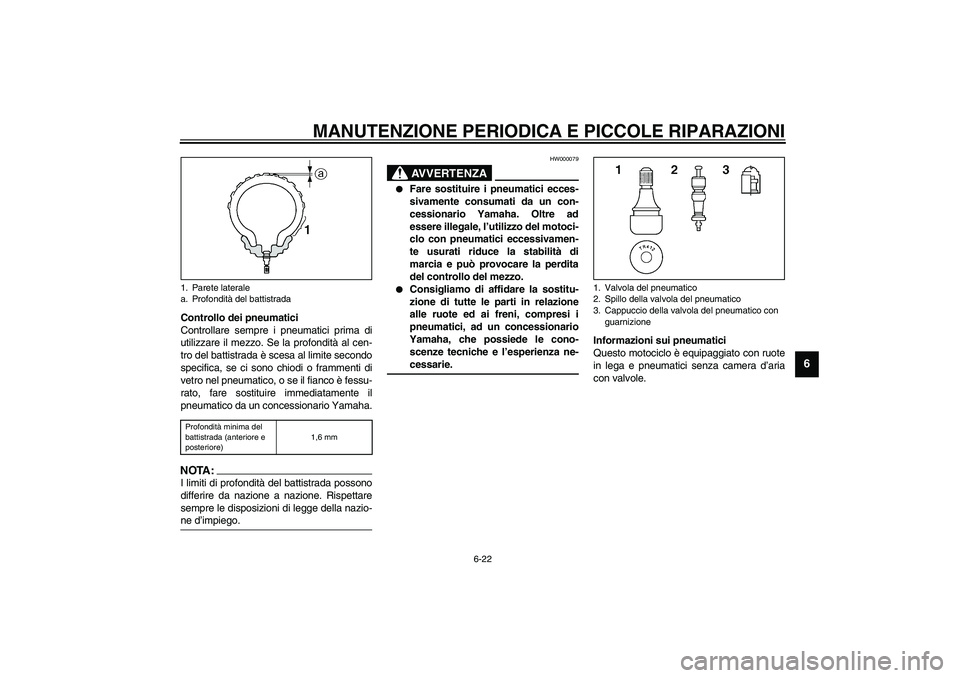 YAMAHA YZF-R1 2003  Manuale duso (in Italian) MANUTENZIONE PERIODICA E PICCOLE RIPARAZIONI
6-22
6
Controllo dei pneumatici
Controllare sempre i pneumatici prima di
utilizzare il mezzo. Se la profondità al cen-
tro del battistrada è scesa al lim