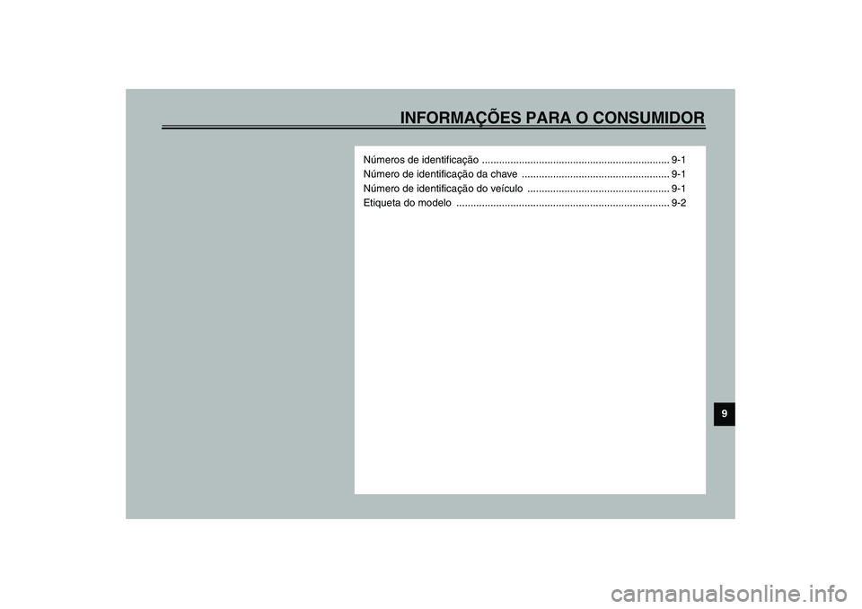 YAMAHA YZF-R1 2003  Manual de utilização (in Portuguese) INFORMAÇÕES PARA O CONSUMIDOR
9
Números de identificação .................................................................. 9-1
Número de identificação da chave  ..............................