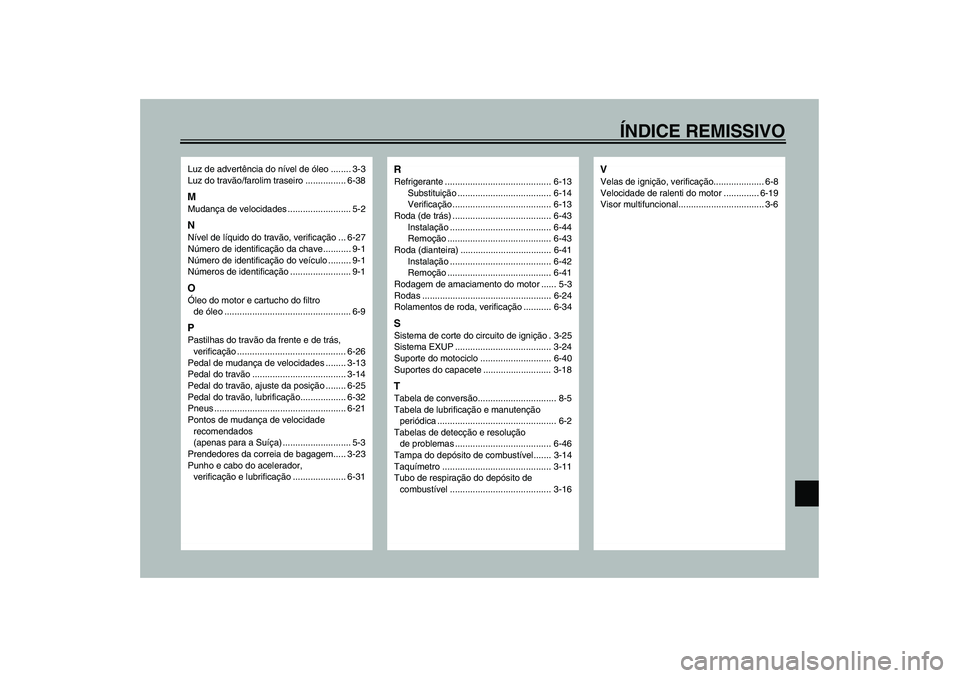 YAMAHA YZF-R1 2003  Manual de utilização (in Portuguese) ÍNDICE REMISSIVO
Luz de advertência do nível de óleo ........ 3-3
Luz do travão/farolim traseiro ................ 6-38MMudança de velocidades ......................... 5-2NNível de líquido do 