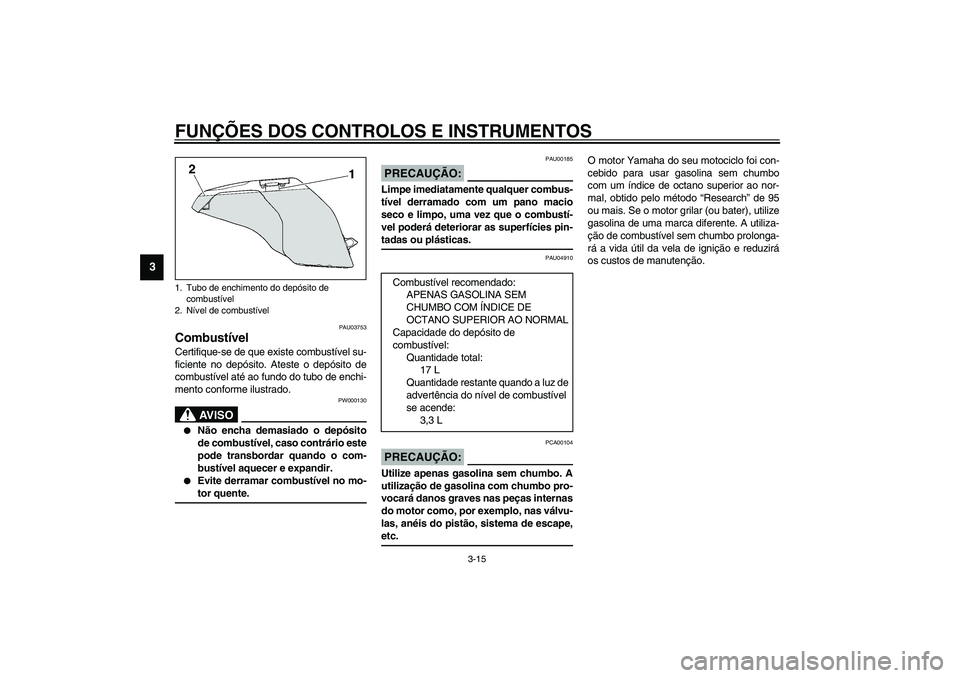 YAMAHA YZF-R1 2003  Manual de utilização (in Portuguese) FUNÇÕES DOS CONTROLOS E INSTRUMENTOS
3-15
3
PAU03753
Combustível Certifique-se de que existe combustível su-
ficiente no depósito. Ateste o depósito de
combustível até ao fundo do tubo de ench