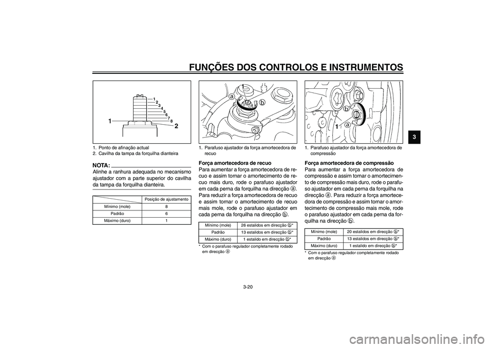 YAMAHA YZF-R1 2003  Manual de utilização (in Portuguese) FUNÇÕES DOS CONTROLOS E INSTRUMENTOS
3-20
3
NOTA:_ Alinhe a ranhura adequada no mecanismo
ajustador com a parte superior do cavilha
da tampa da forquilha dianteira. _CI-10P
Força amortecedora de re