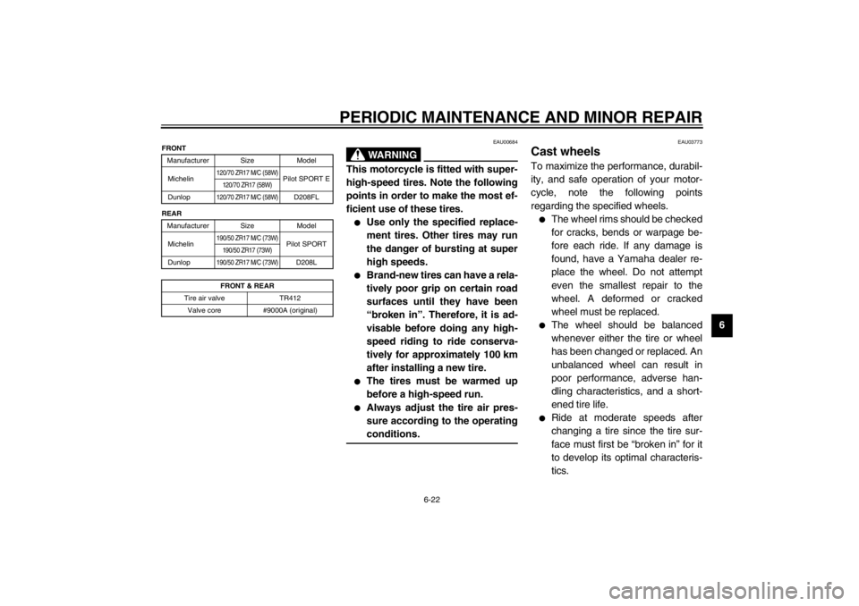 YAMAHA YZF-R1 2002  Owners Manual PERIODIC MAINTENANCE AND MINOR REPAIR
6-22
6
CE-10E
CE-14EEAU00684
WARNING
_ This motorcycle is fitted with super-
high-speed tires. Note the following
points in order to make the most ef-
ficient use