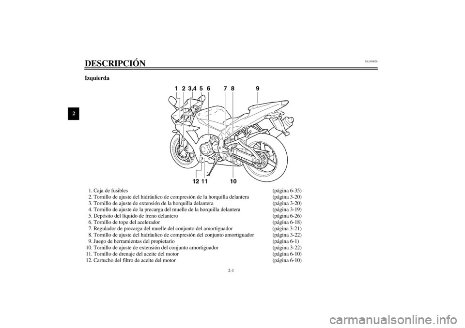 YAMAHA YZF-R1 2002 Manuale de Empleo (in Spanish) 2-1
2
SAU00026
2-DESCRIPCIÓN Izquierda1. Caja de fusibles (página 6-35)
2. Tornillo de ajuste del hidráulico de compresión de la horquilla delantera (página 3-20)
3. Tornillo de ajuste de extensi YAMAHA YZF-R1 2002 Manuale de Empleo (in Spanish) 2-1
2
SAU00026
2-DESCRIPCIÓN Izquierda1. Caja de fusibles (página 6-35)
2. Tornillo de ajuste del hidráulico de compresión de la horquilla delantera (página 3-20)
3. Tornillo de ajuste de extensi