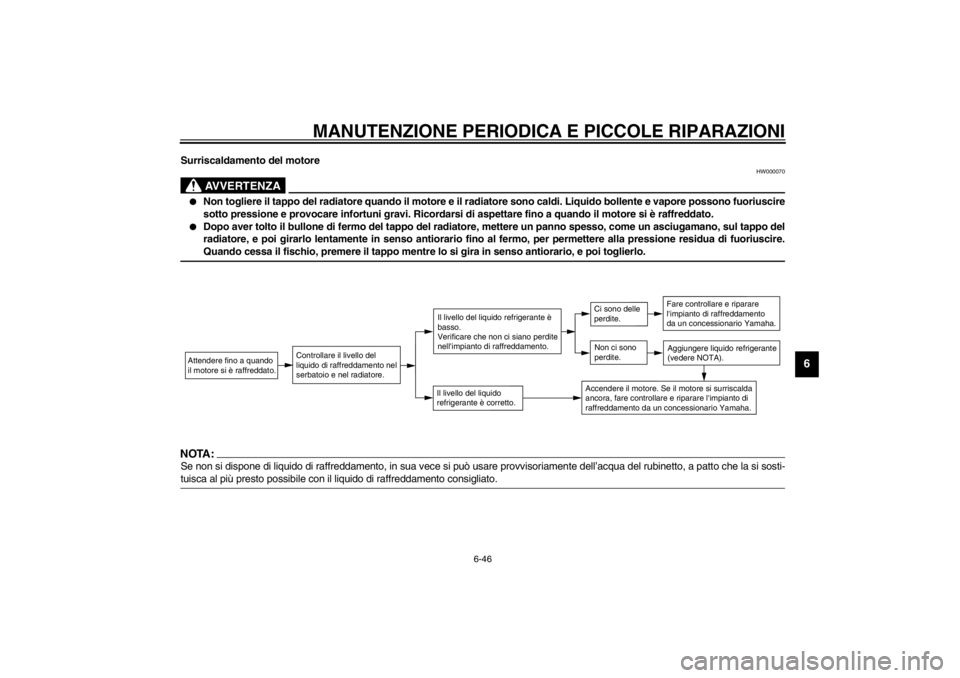 YAMAHA YZF-R1 2002  Manuale duso (in Italian) MANUTENZIONE PERIODICA E PICCOLE RIPARAZIONI
6-46
6
Surriscaldamento del motore
HW000070
AVVERTENZA
_ 
Non togliere il tappo del radiatore quando il motore e il radiatore sono caldi. Liquido bollente