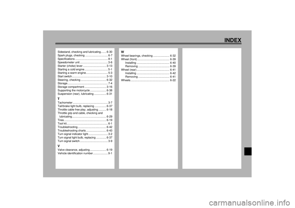 YAMAHA YZF-R1 2001  Owners Manual INDEX
Sidestand, checking and lubricating....... 6-30
Spark plugs, checking ............................. 6-7
Specifications .......................................... 8-1
Speedometer unit ...........