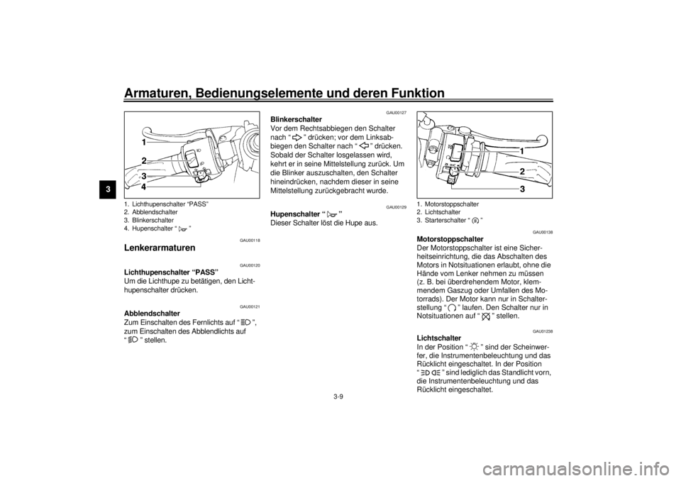 YAMAHA YZF-R1 2001  Betriebsanleitungen (in German) Armaturen, Bedienungselemente und deren Funktion
3-9
3
GAU00118
Lenkerarmaturen 
GAU00120
Lichthupenschalter “PASS” 
Um die Lichthupe zu betätigen, den Licht-
hupenschalter drücken.
GAU00121
Abb