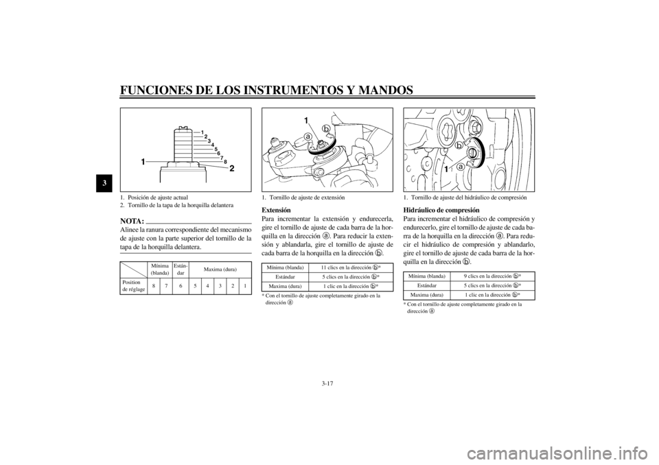 YAMAHA YZF-R1 2001  Manuale de Empleo (in Spanish) FUNCIONES DE LOS INSTRUMENTOS Y MANDOS
3-17
3
NOTA:@ Alinee la ranura correspondiente del mecanismo
de ajuste con la parte superior del tornillo de la
tapa de la horquilla delantera. @CI-01S
Extensió