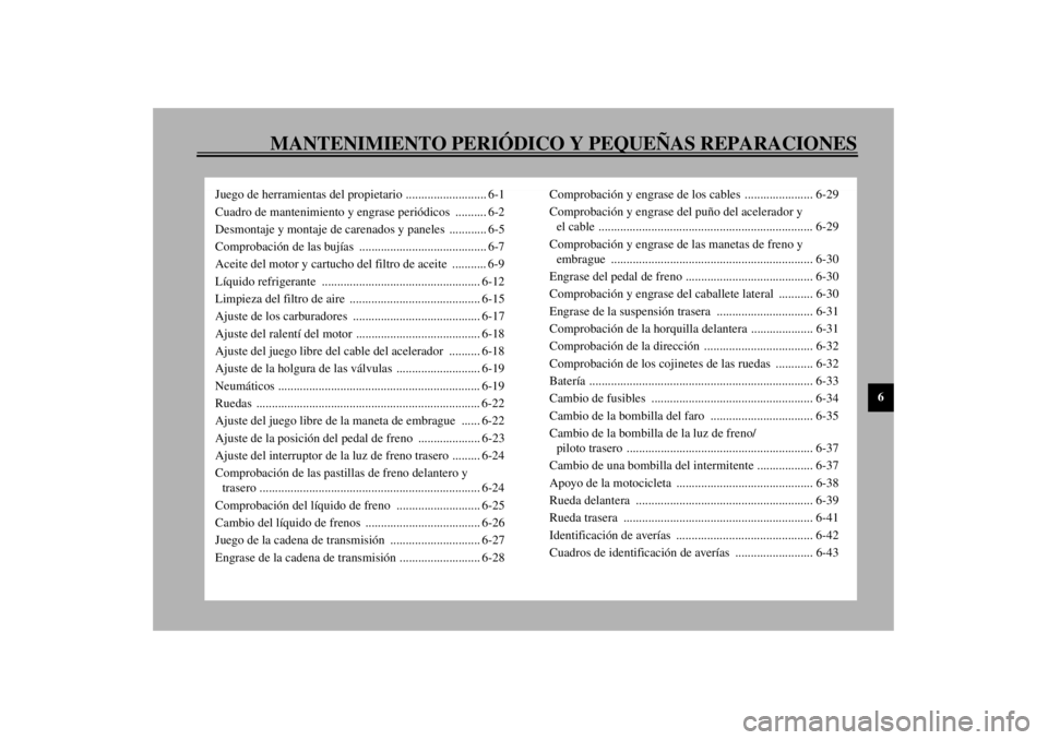 YAMAHA YZF-R1 2001 Manuale de Empleo (in Spanish) MANTENIMIENTO PERIÓDICO Y PEQUEÑAS REPARACIONES
6
Juego de herramientas del propietario .......................... 6-1
Cuadro de mantenimiento y engrase periódicos .......... 6-2
Desmontaje y mont YAMAHA YZF-R1 2001 Manuale de Empleo (in Spanish) MANTENIMIENTO PERIÓDICO Y PEQUEÑAS REPARACIONES
6
Juego de herramientas del propietario .......................... 6-1
Cuadro de mantenimiento y engrase periódicos .......... 6-2
Desmontaje y mont