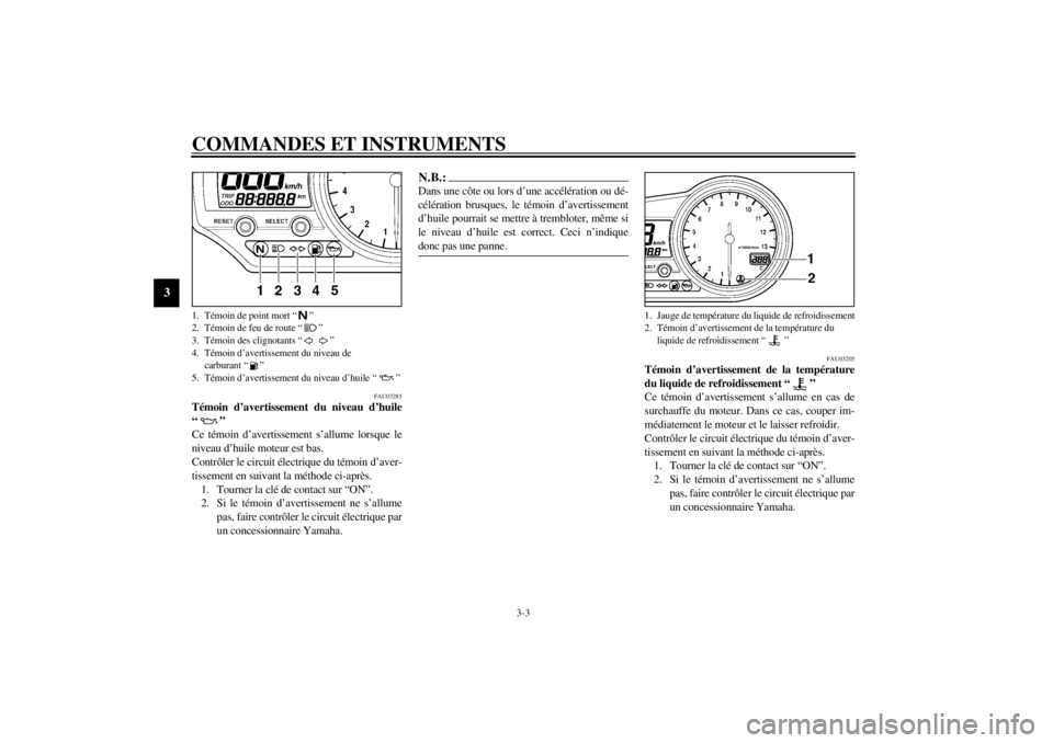 YAMAHA YZF-R1 2001  Notices Demploi (in French) COMMANDES ET INSTRUMENTS
3-3
3
FAU03285
Témoin d’avertissement du niveau d’huile
“” 
Ce témoin d’avertissement s’allume lorsque le
niveau d’huile moteur est bas.
Contrôler le circuit 