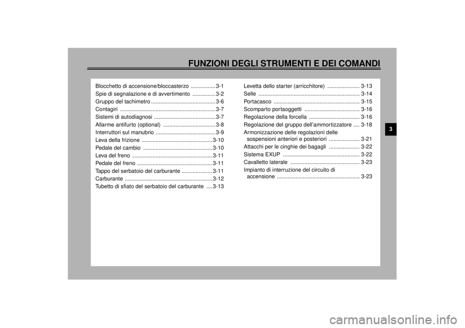 YAMAHA YZF-R1 2001 Manuale duso (in Italian) FUNZIONI DEGLI STRUMENTI E DEI COMANDI
3
Blocchetto di accensione/bloccasterzo ................ 3-1
Spie di segnalazione e di avvertimento ............... 3-2
Gruppo del tachimetro ................. YAMAHA YZF-R1 2001 Manuale duso (in Italian) FUNZIONI DEGLI STRUMENTI E DEI COMANDI
3
Blocchetto di accensione/bloccasterzo ................ 3-1
Spie di segnalazione e di avvertimento ............... 3-2
Gruppo del tachimetro .................