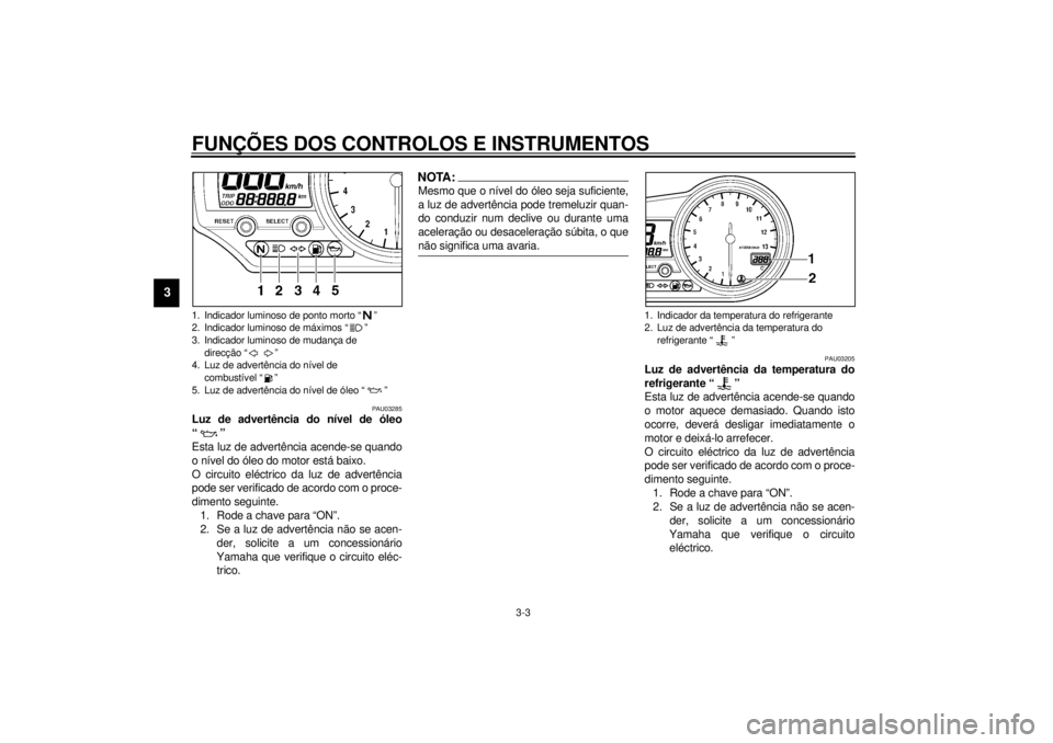 YAMAHA YZF-R1 2001 Manual de utilização (in Portuguese) FUNÇÕES DOS CONTROLOS E INSTRUMENTOS
3-3
3
PAU03285
Luz de advertência do nível de óleo
“”
Esta luz de advertência acende-se quando
o nível do óleo do motor está baixo.
O circuito eléct YAMAHA YZF-R1 2001 Manual de utilização (in Portuguese) FUNÇÕES DOS CONTROLOS E INSTRUMENTOS
3-3
3
PAU03285
Luz de advertência do nível de óleo
“”
Esta luz de advertência acende-se quando
o nível do óleo do motor está baixo.
O circuito eléct
