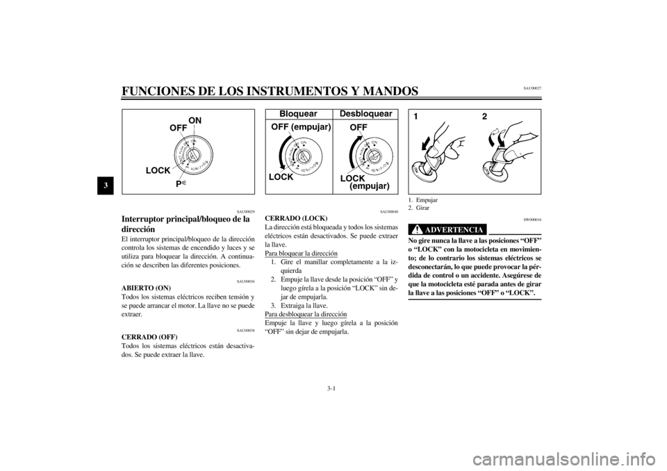YAMAHA YZF-R1 2000  Manuale de Empleo (in Spanish) 3-1
3
SAU00027
3-FUNCIONES DE LOS INSTRUMENTOS Y MANDOS
SAU00029
Interruptor principal/bloqueo de la 
dirección El interruptor principal/bloqueo de la dirección
controla los sistemas de encendido y 