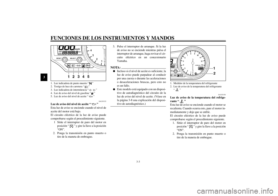 YAMAHA YZF-R1 2000  Manuale de Empleo (in Spanish) FUNCIONES DE LOS INSTRUMENTOS Y MANDOS
3-3
3
SAU03155
Luz de aviso del nivel de aceite “ ” 
Esta luz de aviso se enciende cuando el nivel de
aceite del motor está bajo.
El circuito eléctrico de 