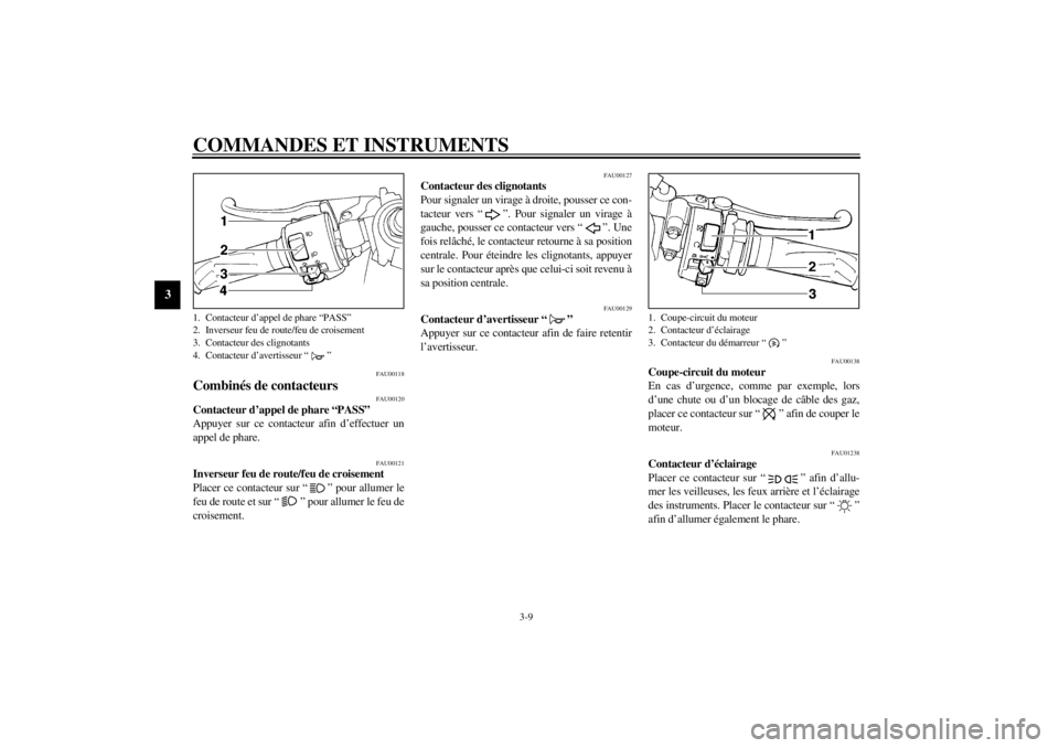 YAMAHA YZF-R1 2000 Notices Demploi (in French) COMMANDES ET INSTRUMENTS
3-9
3
FAU00118
Combinés de contacteurs
FAU00120
Contacteur d’appel de phare “PASS”
Appuyer sur ce contacteur afin d’effectuer un
appel de phare.
FAU00121
Inverseur YAMAHA YZF-R1 2000 Notices Demploi (in French) COMMANDES ET INSTRUMENTS
3-9
3
FAU00118
Combinés de contacteurs
FAU00120
Contacteur d’appel de phare “PASS”
Appuyer sur ce contacteur afin d’effectuer un
appel de phare.
FAU00121
Inverseur