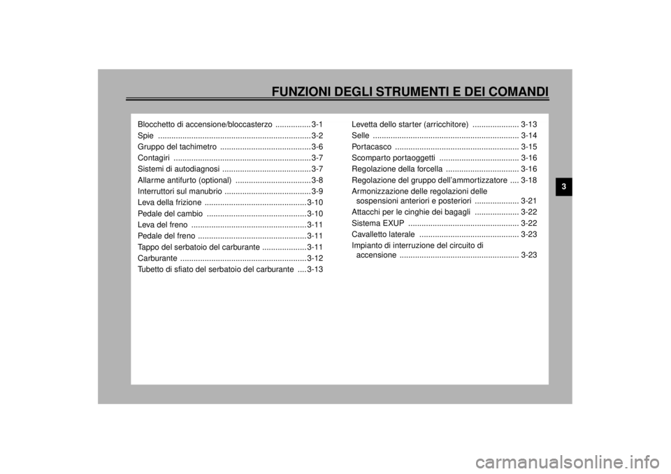 YAMAHA YZF-R1 2000  Manuale duso (in Italian) FUNZIONI DEGLI STRUMENTI E DEI COMANDI
3
Blocchetto di accensione/bloccasterzo  ................ 3-1
Spie ..................................................................... 3-2
Gruppo del tachimetr