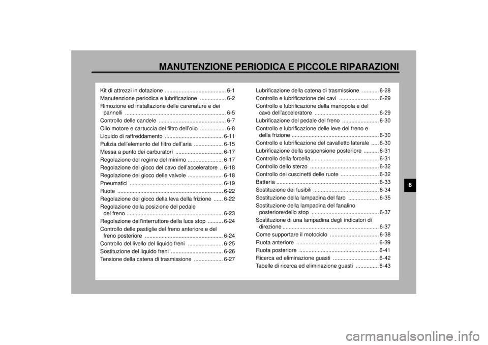 YAMAHA YZF-R1 2000 Manuale duso (in Italian) MANUTENZIONE PERIODICA E PICCOLE RIPARAZIONI
6
Kit di attrezzi in dotazione ........................................ 6-1
Manutenzione periodica e lubrificazione ................. 6-2
Rimozione ed in YAMAHA YZF-R1 2000 Manuale duso (in Italian) MANUTENZIONE PERIODICA E PICCOLE RIPARAZIONI
6
Kit di attrezzi in dotazione ........................................ 6-1
Manutenzione periodica e lubrificazione ................. 6-2
Rimozione ed in