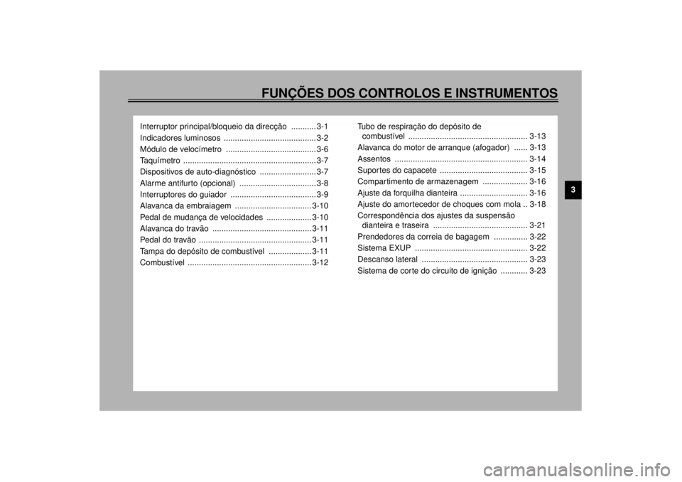 YAMAHA YZF-R1 2000 Manual de utilização (in Portuguese) FUNÇÕES DOS CONTROLOS E INSTRUMENTOS
3
Interruptor principal/bloqueio da direcção ........... 3-1
Indicadores luminosos ......................................... 3-2
Módulo de velocímetro . YAMAHA YZF-R1 2000 Manual de utilização (in Portuguese) FUNÇÕES DOS CONTROLOS E INSTRUMENTOS
3
Interruptor principal/bloqueio da direcção ........... 3-1
Indicadores luminosos ......................................... 3-2
Módulo de velocímetro .