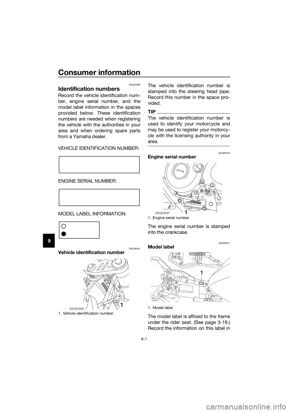 YAMAHA YZF-R125 2020 Manual Online Consumer information
9-1
9
EAU53562
Identification numbers
Record the vehicle identification num-
ber, engine serial number, and the
model label information in the spaces
provided below. These identif