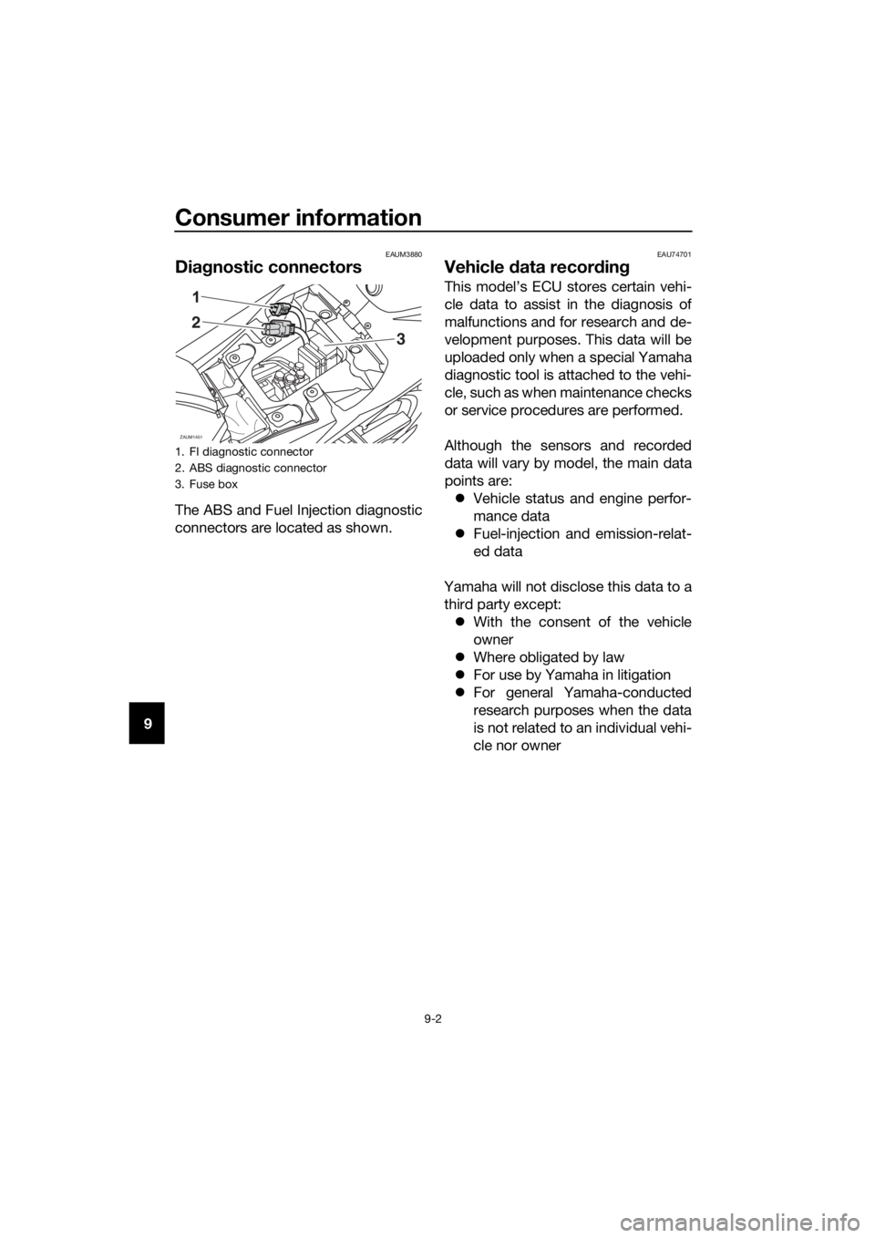 YAMAHA YZF-R125 2017 Owners Manual Consumer information
9-2
9
EAUM3880
Diagnostic connectors
The ABS and Fuel Injection diagnostic
connectors are located as shown.
EAU74701
Vehicle data recording
This model’s ECU stores certain vehi- YAMAHA YZF-R125 2017 Owners Manual Consumer information
9-2
9
EAUM3880
Diagnostic connectors
The ABS and Fuel Injection diagnostic
connectors are located as shown.
EAU74701
Vehicle data recording
This model’s ECU stores certain vehi-