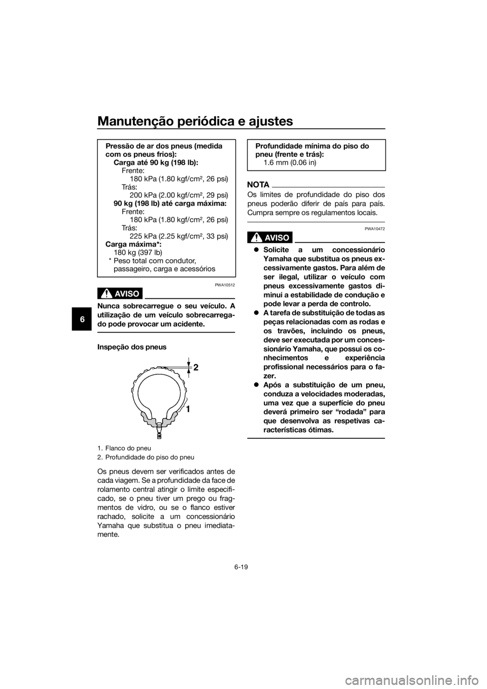 YAMAHA YZF-R125 2017 Manual de utilização (in Portuguese) Manutenção periódica e ajustes
6-19
6
AVISO
PWA10512
Nunca sobrecarregue o seu veículo. A
utilização de um veículo sobrecarrega-
do pode provocar um acidente.
Inspeção dos pneus
Os pneus deve YAMAHA YZF-R125 2017 Manual de utilização (in Portuguese) Manutenção periódica e ajustes
6-19
6
AVISO
PWA10512
Nunca sobrecarregue o seu veículo. A
utilização de um veículo sobrecarrega-
do pode provocar um acidente.
Inspeção dos pneus
Os pneus deve