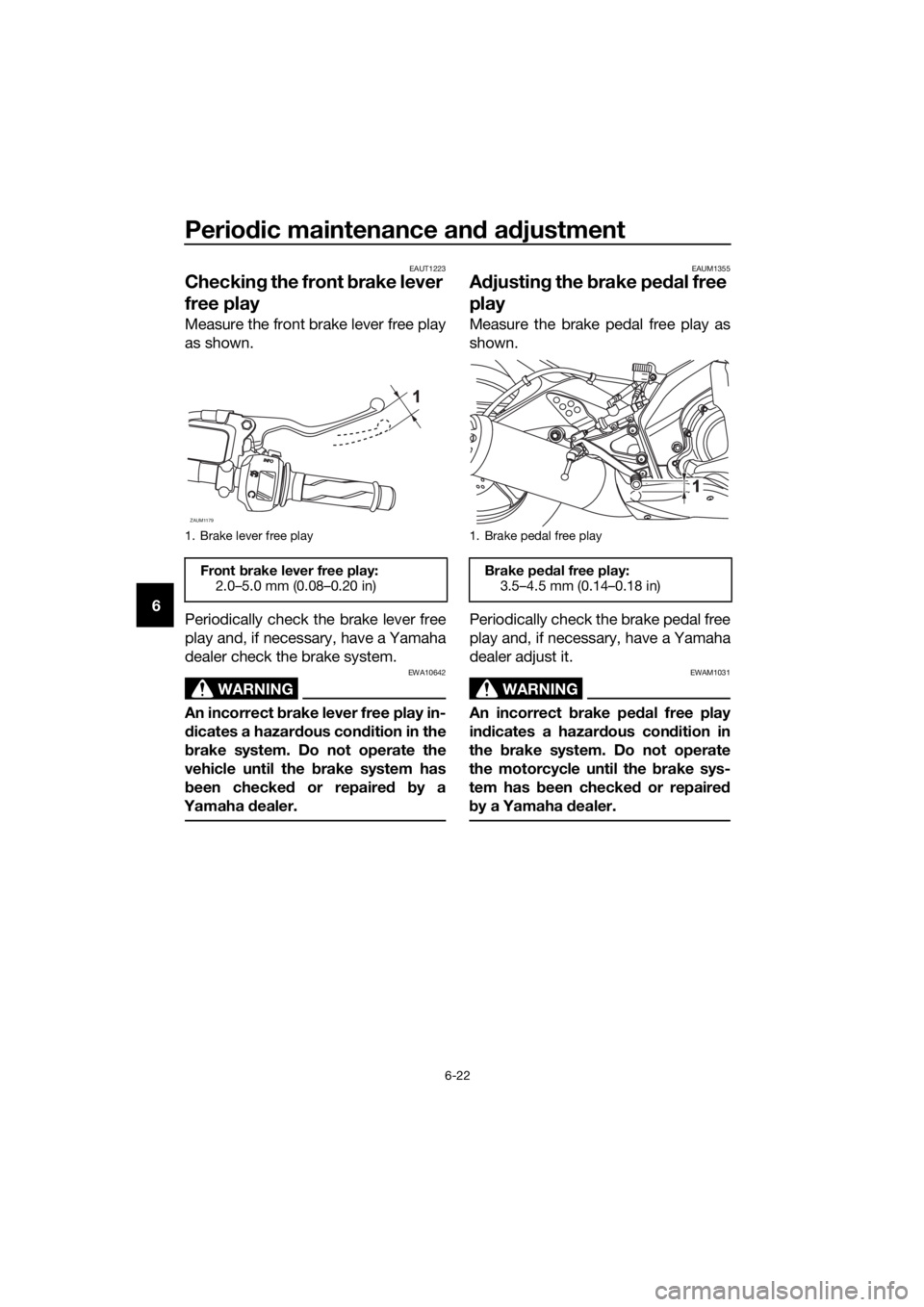 YAMAHA YZF-R125 2016 Repair Manual Periodic maintenance and adjustment
6-22
6
EAUT1223
Checking the front brake lever 
free play
Measure the front brake lever free play
as shown.
Periodically check the brake lever free
play and, if nec