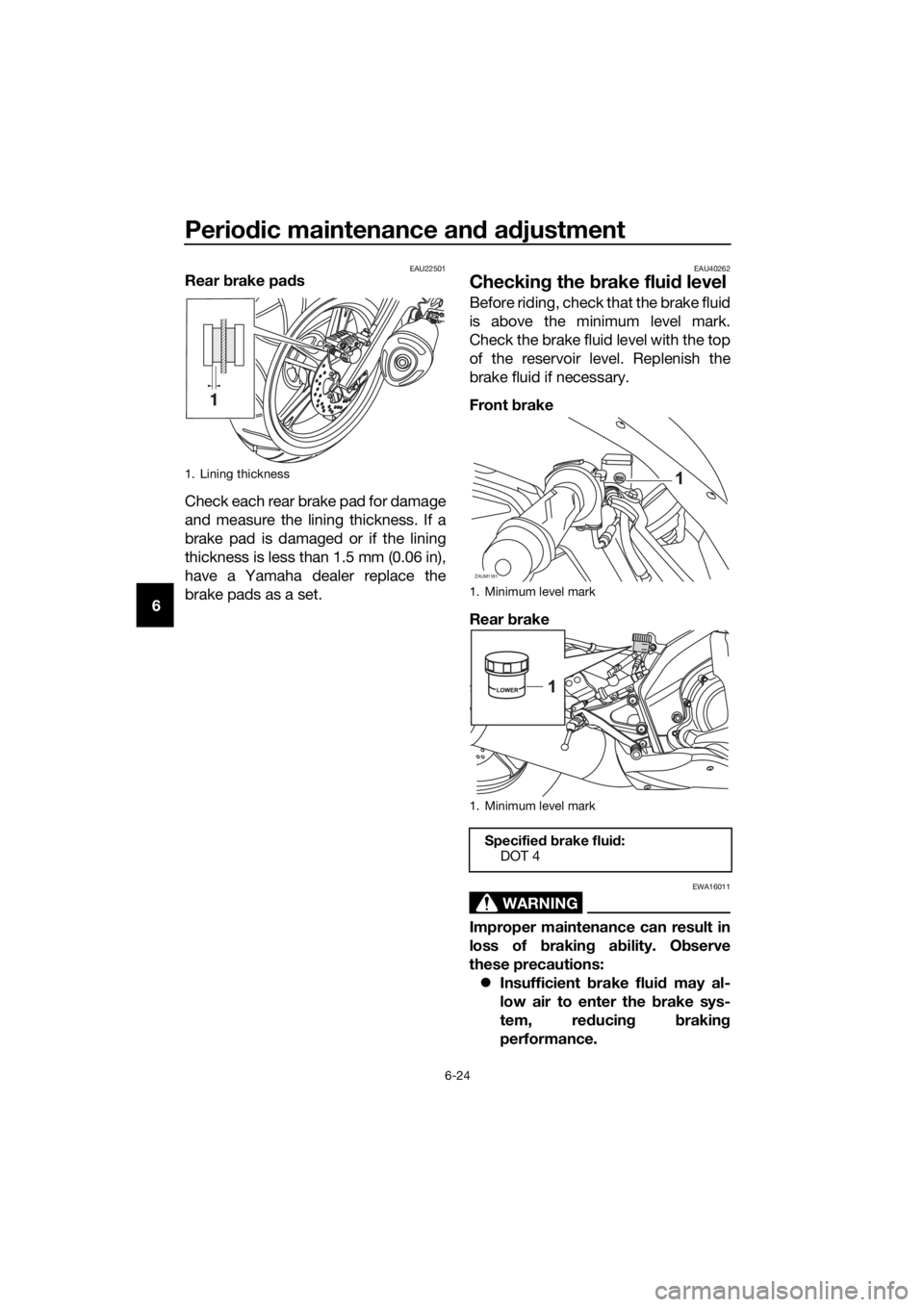 YAMAHA YZF-R125 2016 Repair Manual Periodic maintenance and adjustment
6-24
6
EAU22501Rear brake pads
Check each rear brake pad for damage
and measure the lining thickness. If a
brake pad is damaged or if the lining
thickness is less t