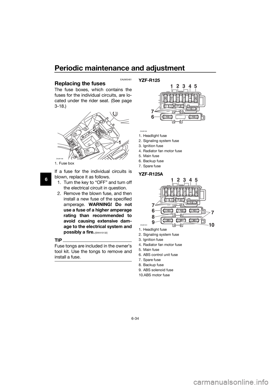YAMAHA YZF-R125 2016 Manual PDF Periodic maintenance and adjustment
6-34
6
EAUM3461
Replacing the fuses
The fuse boxes, which contains the
fuses for the individual circuits, are lo-
cated under the rider seat. (See page
3-18.)
If a YAMAHA YZF-R125 2016 Manual PDF Periodic maintenance and adjustment
6-34
6
EAUM3461
Replacing the fuses
The fuse boxes, which contains the
fuses for the individual circuits, are lo-
cated under the rider seat. (See page
3-18.)
If a