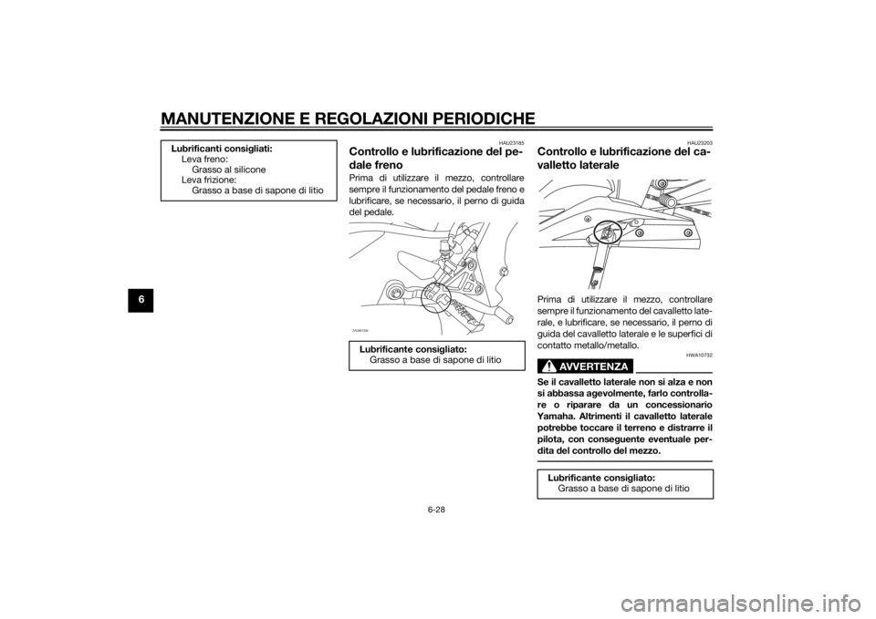 YAMAHA YZF-R125 2014  Manuale duso (in Italian) MANUTENZIONE E REGOLAZIONI PERIODICHE
6-28
6
HAU23185
Controllo e lubrificazione del pe-
dale frenoPrima di utilizzare il mezzo, controllare
sempre il funzionamento del pedale freno e
lubrificare, se 