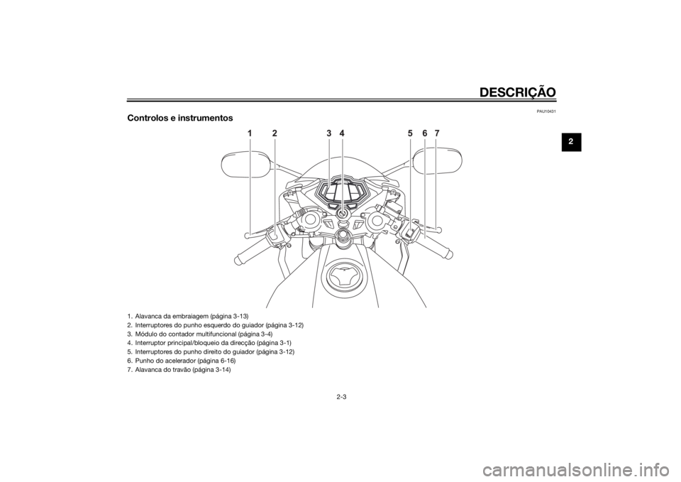 YAMAHA YZF-R125 2015 Manual de utilização (in Portuguese) DESCRIÇÃO
2-3
2
PAU10431
Controlos e instrumentos1. Alavanca da embraiagem (página 3-13)
2. Interruptores do punho esquerdo do guiador (página 3-12)
3. Módulo do contador multifuncional (página YAMAHA YZF-R125 2015 Manual de utilização (in Portuguese) DESCRIÇÃO
2-3
2
PAU10431
Controlos e instrumentos1. Alavanca da embraiagem (página 3-13)
2. Interruptores do punho esquerdo do guiador (página 3-12)
3. Módulo do contador multifuncional (página