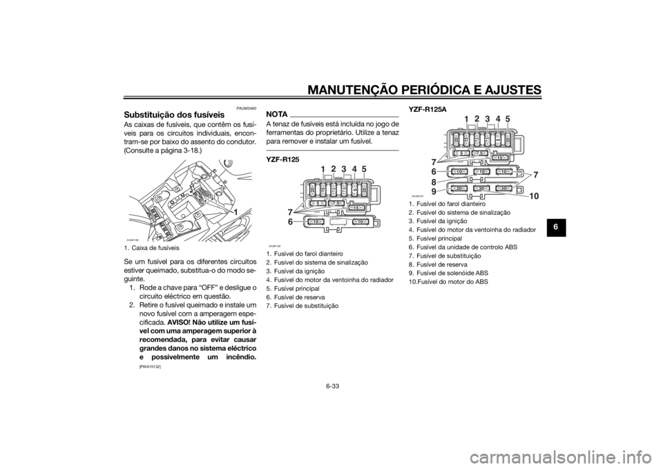 YAMAHA YZF-R125 2015  Manual de utilização (in Portuguese) MANUTENÇÃO PERIÓDICA E AJUSTES
6-33
6
PAUM3460
Substituição dos fusíveisAs caixas de fusíveis, que contêm os fusí-
veis para os circuitos individuais, encon-
tram-se por baixo do assento do c
