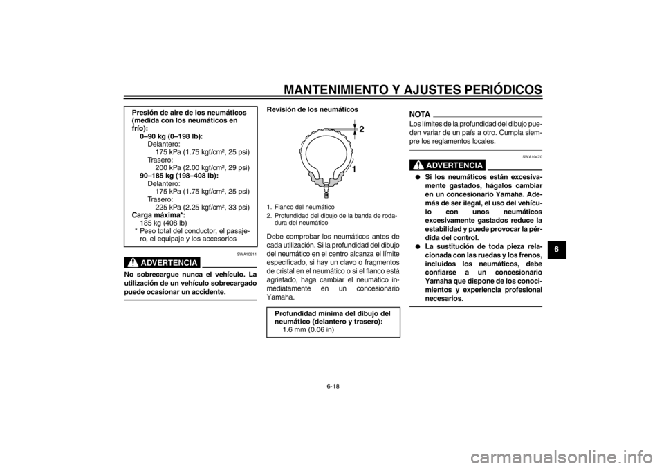 YAMAHA YZF-R125 2013  Manuale de Empleo (in Spanish) MANTENIMIENTO Y AJUSTES PERIÓDICOS
6-18
6
ADVERTENCIA
SWA10511
No sobrecargue nunca el vehículo. La
utilización de un vehículo sobrecargado
puede ocasionar un accidente.
Revisión de los neumátic