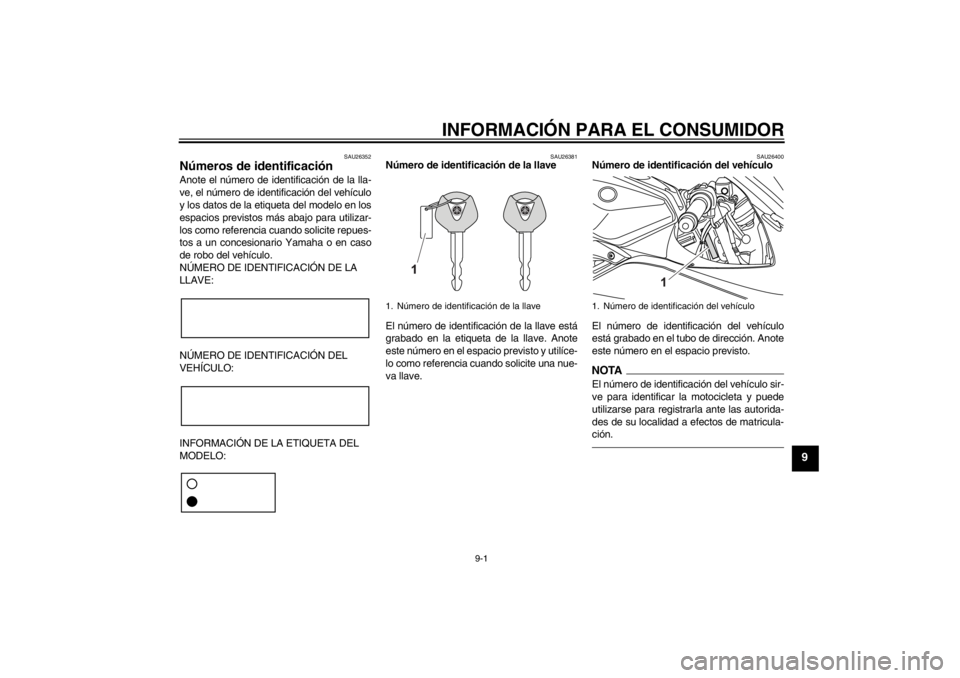 YAMAHA YZF-R125 2012 Manuale de Empleo (in Spanish) INFORMACIÓN PARA EL CONSUMIDOR
9-1
9
SAU26352
Números de identificación Anote el número de identificación de la lla-
ve, el número de identificación del vehículo
y los datos de la etiqueta del YAMAHA YZF-R125 2012 Manuale de Empleo (in Spanish) INFORMACIÓN PARA EL CONSUMIDOR
9-1
9
SAU26352
Números de identificación Anote el número de identificación de la lla-
ve, el número de identificación del vehículo
y los datos de la etiqueta del