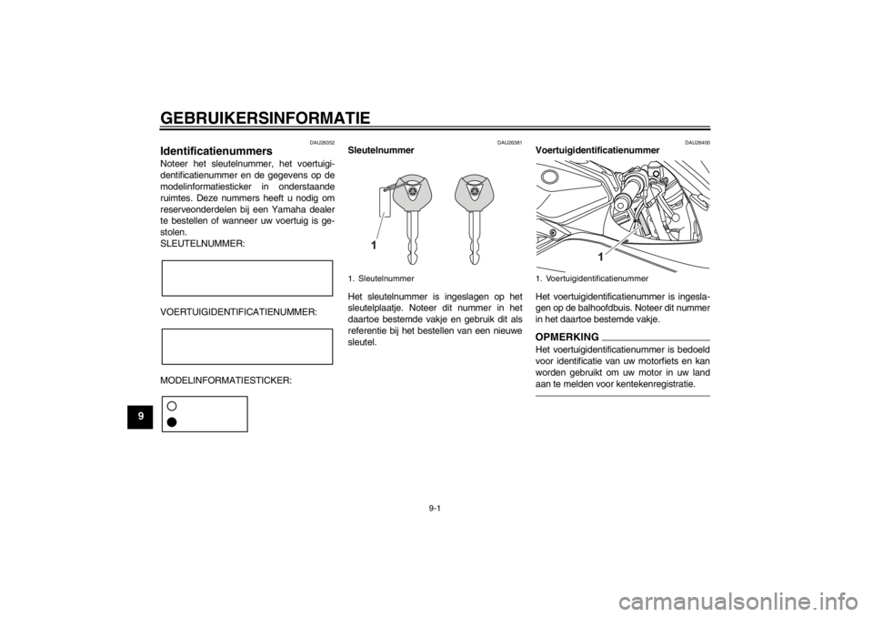 YAMAHA YZF-R125 2010  Instructieboekje (in Dutch) GEBRUIKERSINFORMATIE
9-1
9
DAU26352
Identificatienummers Noteer het sleutelnummer, het voertuigi-
dentificatienummer en de gegevens op de
modelinformatiesticker in onderstaande
ruimtes. Deze nummers h