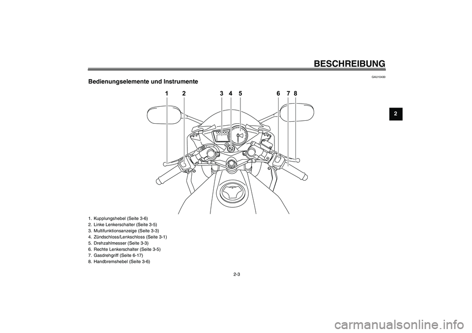 YAMAHA YZF-R125 2010  Betriebsanleitungen (in German) BESCHREIBUNG
2-3
2
GAU10430
Bedienungselemente und Instrumente1. Kupplungshebel (Seite 3-6)
2. Linke Lenkerschalter (Seite 3-5)
3. Multifunktionsanzeige (Seite 3-3)
4. Zündschloss/Lenkschloss (Seite 