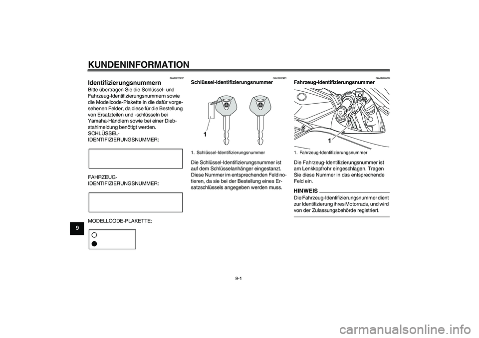 YAMAHA YZF-R125 2010 Betriebsanleitungen (in German) KUNDENINFORMATION
9-1
9
GAU26352
Identifizierungsnummern Bitte übertragen Sie die Schlüssel- und
Fahrzeug-Identifizierungsnummern sowie
die Modellcode-Plakette in die dafür vorge-
sehenen Felder, YAMAHA YZF-R125 2010 Betriebsanleitungen (in German) KUNDENINFORMATION
9-1
9
GAU26352
Identifizierungsnummern Bitte übertragen Sie die Schlüssel- und
Fahrzeug-Identifizierungsnummern sowie
die Modellcode-Plakette in die dafür vorge-
sehenen Felder,