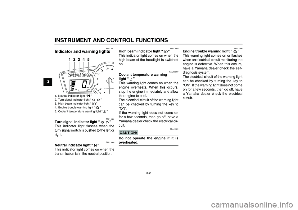 YAMAHA YZF-R125 2008  Owners Manual INSTRUMENT AND CONTROL FUNCTIONS
3-2
3
EAU11003
Indicator and warning lights 
EAU11020
Turn signal indicator light“” 
This indicator light flashes when the
turn signal switch is pushed to the left