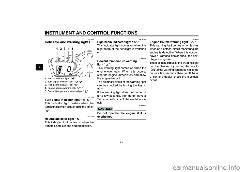 YAMAHA YZF-R125 2009  Owners Manual INSTRUMENT AND CONTROL FUNCTIONS
3-2
3
EAU11003
Indicator and warning lights 
EAU11020
Turn signal indicator light“” 
This indicator light flashes when the
turn signal switch is pushed to the left