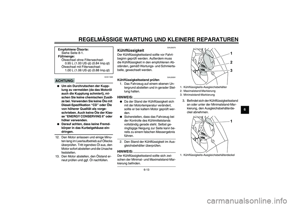 YAMAHA YZF-R125 2009  Betriebsanleitungen (in German) REGELMÄSSIGE WARTUNG UND KLEINERE REPARATUREN
6-13
6
ACHTUNG:
GCA11620

Um ein Durchrutschen der Kupp-
lung zu vermeiden (da das Motoröl 
auch die Kupplung schmiert), mi-
schen Sie keine chemischen