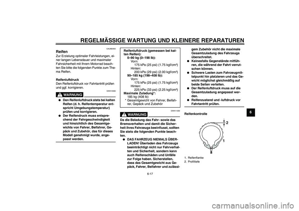 YAMAHA YZF-R125 2008  Betriebsanleitungen (in German) REGELMÄSSIGE WARTUNG UND KLEINERE REPARATUREN
6-17
6
GAUM2400
Reifen Zur Erzielung optimaler Fahrleistungen, ei-
ner langen Lebensdauer und maximaler 
Fahrsicherheit mit Ihrem Motorrad beach-
ten Sie