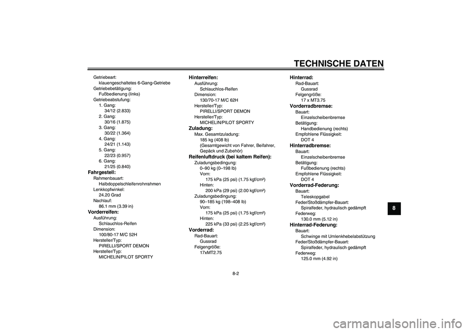YAMAHA YZF-R125 2008  Betriebsanleitungen (in German) TECHNISCHE DATEN
8-2
8
Getriebeart:
klauengeschaltetes 6-Gang-Getriebe
Getriebebetätigung:
Fußbedienung (links)
Getriebeabstufung:
1. Gang:
34/12 (2.833)
2. Gang:
30/16 (1.875)
3. Gang:
30/22 (1.364