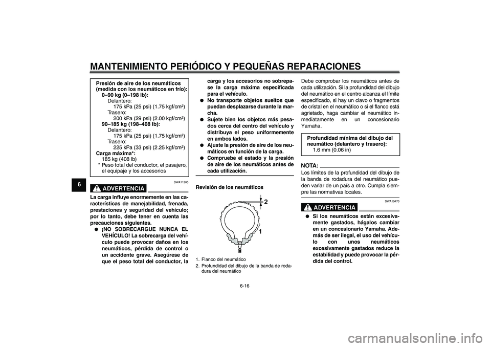 YAMAHA YZF-R125 2009  Manuale de Empleo (in Spanish) MANTENIMIENTO PERIÓDICO Y PEQUEÑAS REPARACIONES
6-16
6
ADVERTENCIA
SWA11200
La carga influye enormemente en las ca-
racterísticas de manejabilidad, frenada,
prestaciones y seguridad del vehículo;
