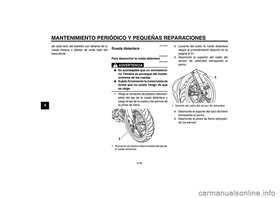 YAMAHA YZF-R125 2009  Manuale de Empleo (in Spanish) MANTENIMIENTO PERIÓDICO Y PEQUEÑAS REPARACIONES
6-32
6
de cada lado del bastidor por delante de la
rueda trasera o debajo de cada lado del
basculante.
SAU24360
Rueda delantera 
SAUM2420
Para desmont