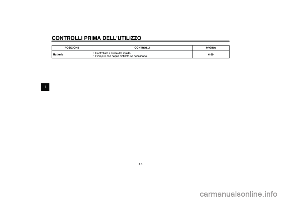 YAMAHA YZF-R125 2009  Manuale duso (in Italian) CONTROLLI PRIMA DELL’UTILIZZO
4-4
4
BatteriaControllare il livello del liquido.
Riempire con acqua distillata se necessario.6-29 POSIZIONE CONTROLLI PAGINA
U5D7H0H0.book  Page 4  Monday, December 