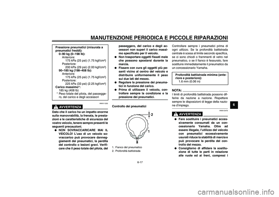 YAMAHA YZF-R125 2009  Manuale duso (in Italian) MANUTENZIONE PERIODICA E PICCOLE RIPARAZIONI
6-17
6
AVVERTENZA
HWA11200
Dato che il carico ha un impatto enorme
sulla manovrabilità, la frenata, le presta-
zioni e le caratteristiche di sicurezza del