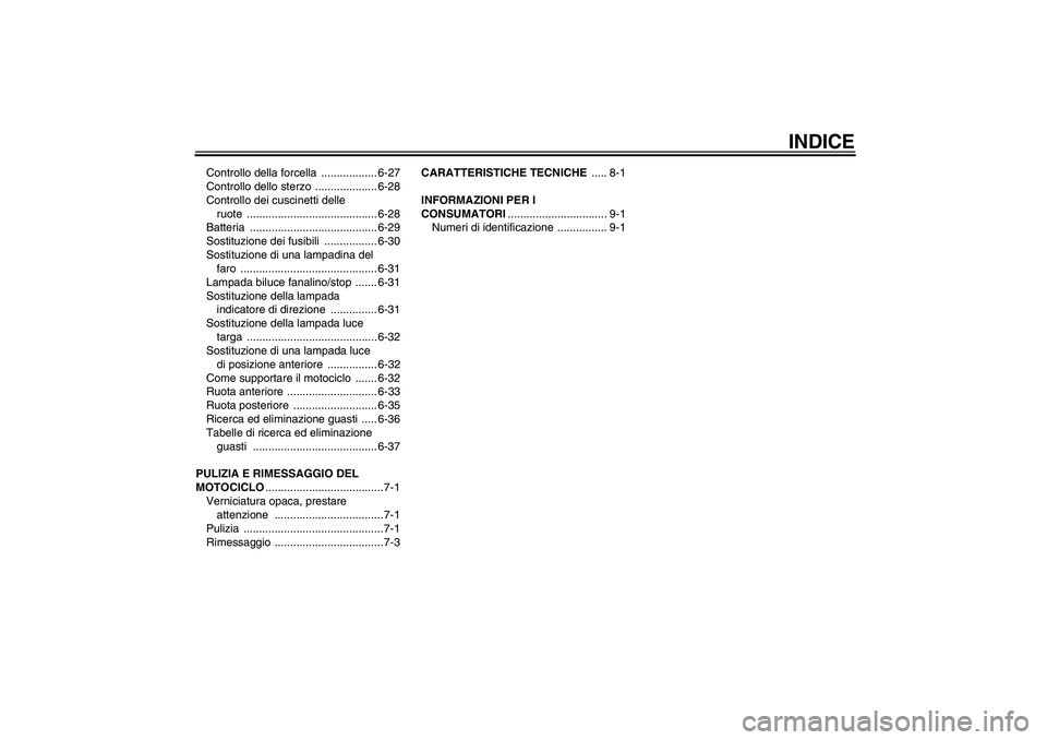 YAMAHA YZF-R125 2009  Manuale duso (in Italian) INDICE
Controllo della forcella  .................. 6-27
Controllo dello sterzo  .................... 6-28
Controllo dei cuscinetti delle 
ruote .......................................... 6-28
Batteri