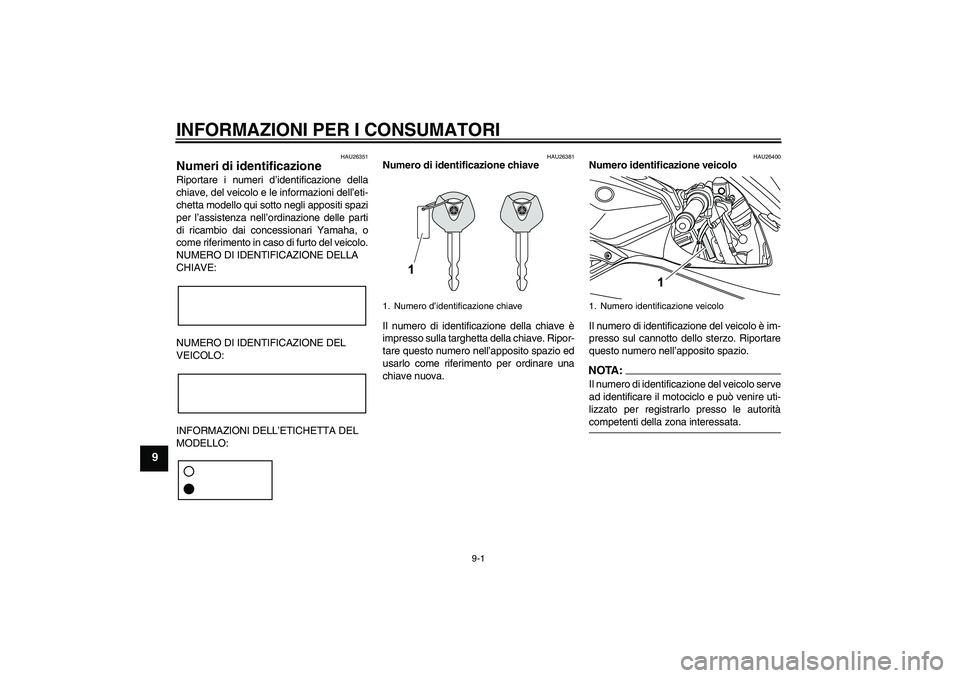 YAMAHA YZF-R125 2009  Manuale duso (in Italian) INFORMAZIONI PER I CONSUMATORI
9-1
9
HAU26351
Numeri di identificazione Riportare i numeri d’identificazione della
chiave, del veicolo e le informazioni dell’eti-
chetta modello qui sotto negli ap