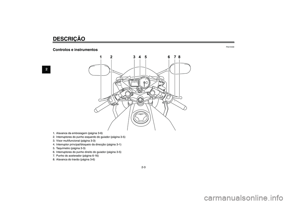 YAMAHA YZF-R125 2008  Manual de utilização (in Portuguese) DESCRIÇÃO
2-3
2
PAU10430
Controlos e instrumentos1. Alavanca da embraiagem (página 3-6)
2. Interruptores do punho esquerdo do guiador (página 3-5)
3. Visor multifuncional (página 3-3)
4. Interrup