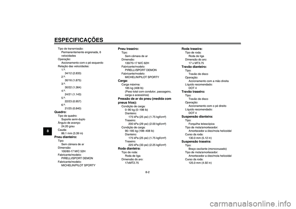 YAMAHA YZF-R125 2008  Manual de utilização (in Portuguese) ESPECIFICAÇÕES
8-2
8
Tipo de transmissão:
Permanentemente engrenada, 6 
velocidades
Operação:
Accionamento com o pé esquerdo
Relação das velocidades:
1.ª:
34/12 (2.833)
2.ª:
30/16 (1.875)
3.